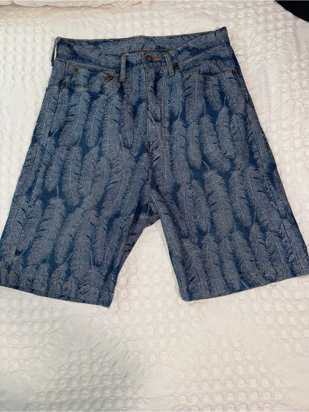 Kapital Blue Feather-Print Denim Shorts